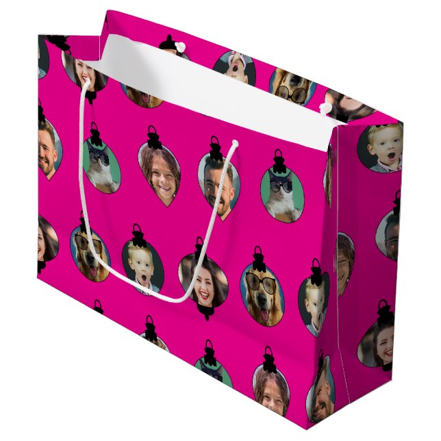 Christmas Funny Family Photo Faces Ornaments Pink  Large Gift Bag (Front Angled)