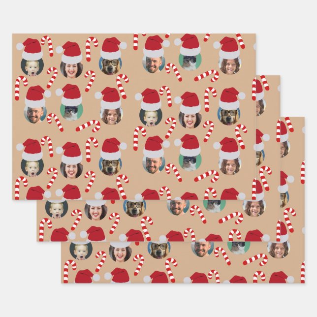 Christmas Funny Family Photo Santa Hats Kraft  Wrapping Paper Sheet (Set)