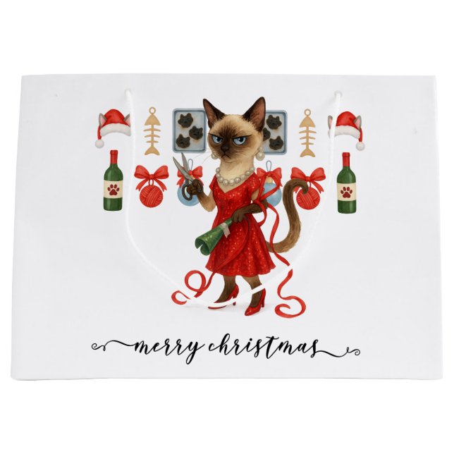 Christmas Funny Glam Siamese Cat Holiday  Large Gift Bag (Front)