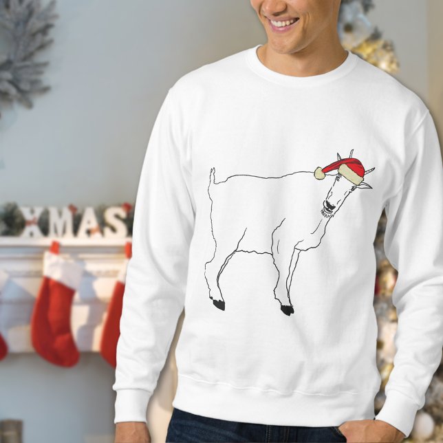 Christmas Funny Goat Drawing Sweatshirt (Funny christmas goat sweatshirt simple farm animal art of a goat wearing a Santa hat)