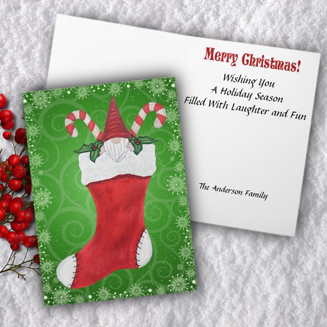 Christmas Game Candy Canes Holly in Red Stocking Holiday Card (Gnome inside red Christmas stocking with holly leaves candy canes on green swirled Greeting Card.)