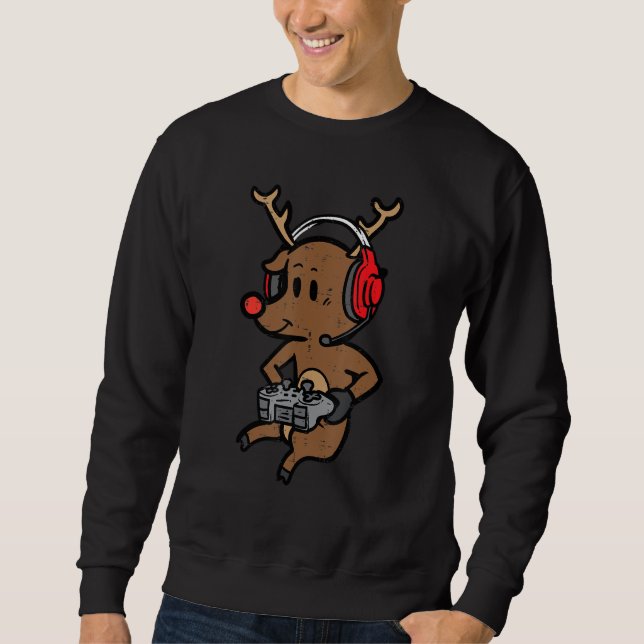Christmas Gamer Reindeer Xmas Gaming Men Boys Kids Sweatshirt (Front)