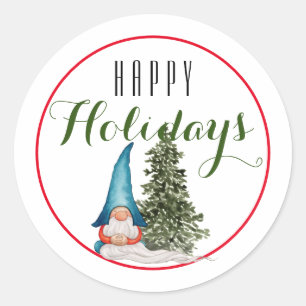 Christmas Garden Gnome Happy Holiday/ White Classic Round Sticker