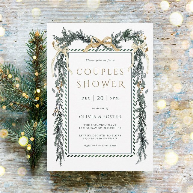Christmas Garland Couples Shower Gold & Green      Invitation (Creator Uploaded)