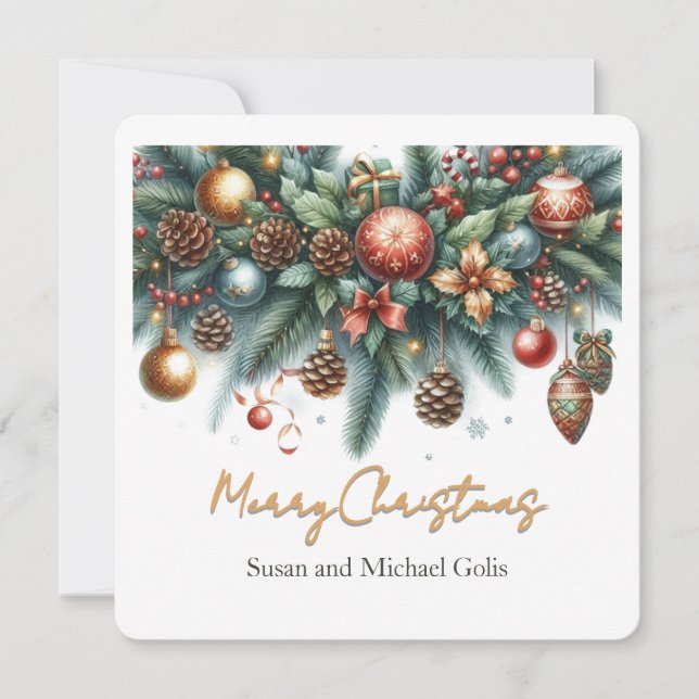 Christmas Garland Green and Gold  Holiday Card (Front)