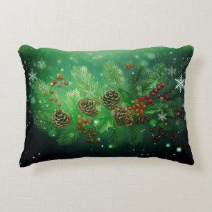 Christmas Garland PIne And Holly With Falling Snow Decorative Cushion