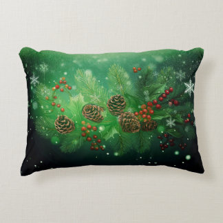 Christmas Garland PIne And Holly With Falling Snow Decorative Cushion