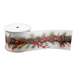 Christmas Garland PineCones Red Satin Ribbon