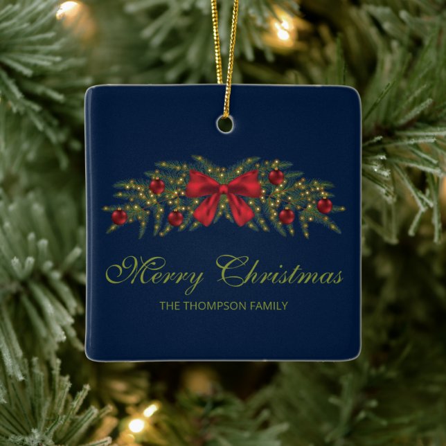 Christmas Garland With A Red Bow And Baubles Ceramic Ornament (Tree)