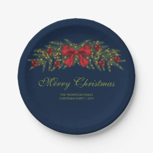 Christmas Garland With A Red Bow And Baubles Paper Plate