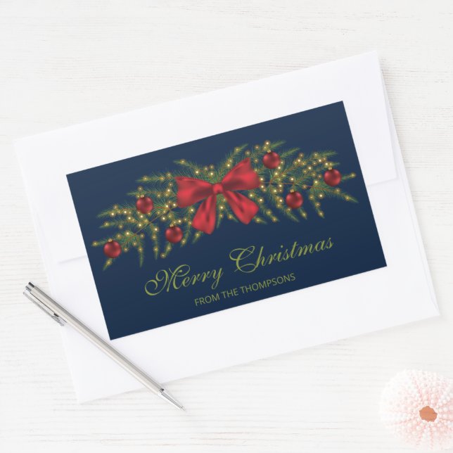 Christmas Garland With A Red Bow And Baubles Rectangular Sticker (Envelope)