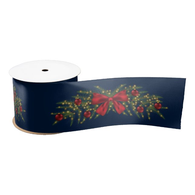 Christmas Garland With A Red Bow And Baubles Satin Ribbon (Spool)