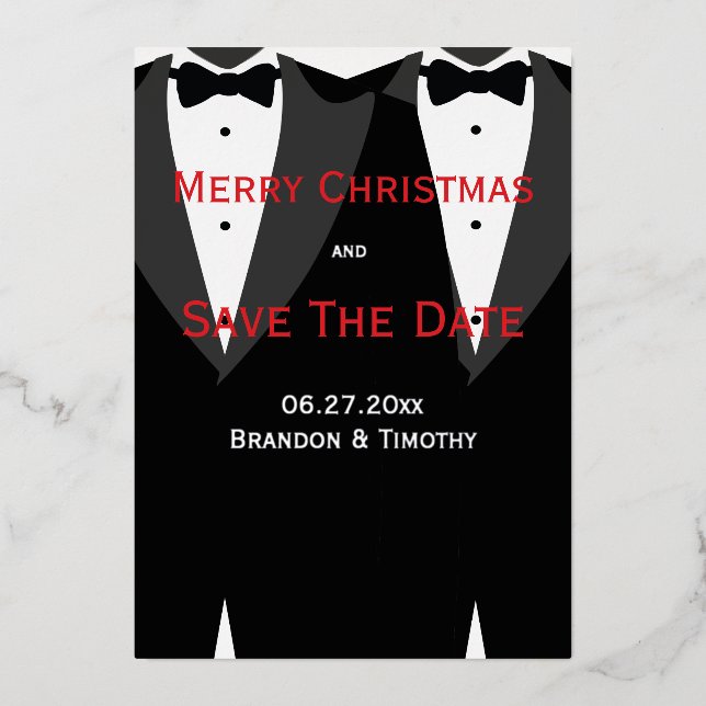 Christmas Gay Save The Date Red And Silver Foil (Front)