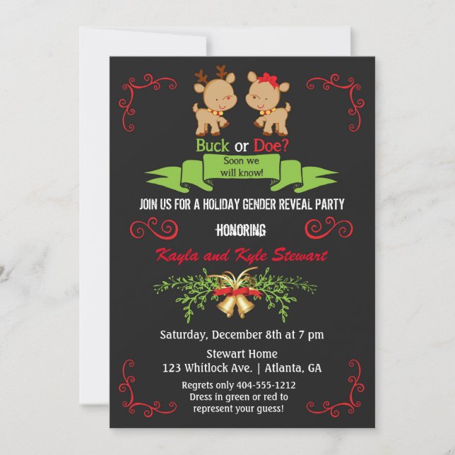 Christmas Gender Reveal Party Buck or Doe Reindeer Invitation (Front)