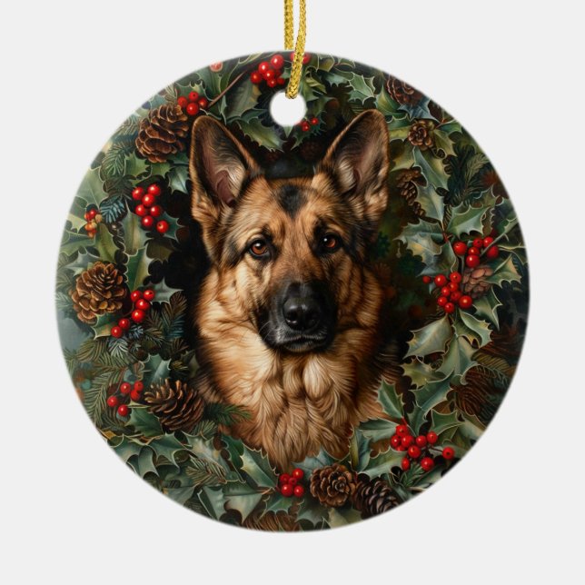 Christmas German Shepherd Dog Ceramic Tree Decoration (Front)