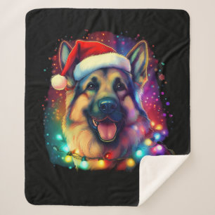 Christmas German Shepherd Dog with Santa Hat   Sherpa Blanket
