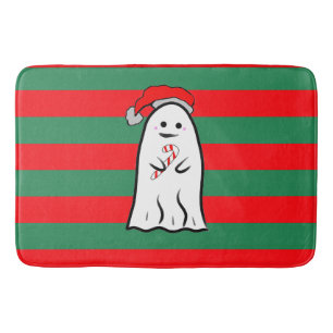 Christmas Ghost on Red and Green Stripes Bath Mat