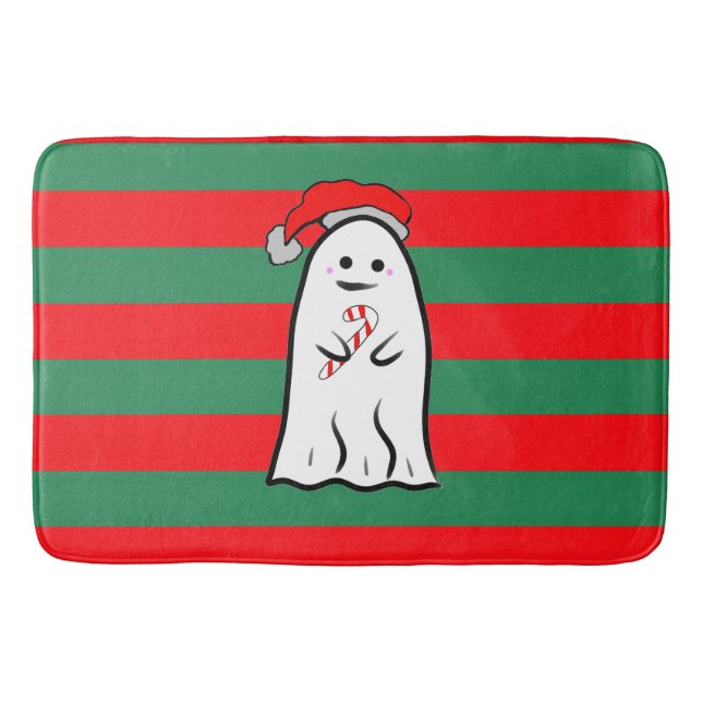 Christmas Ghost on Red and Green Stripes Bath Mat (Front)