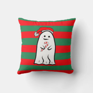 Christmas Ghost on Red and Green Stripes Cushion