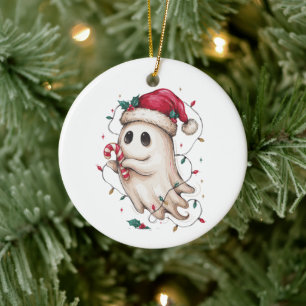 Christmas Ghost Santa Hat Candy Cane Xmas Lights Ceramic Tree Decoration