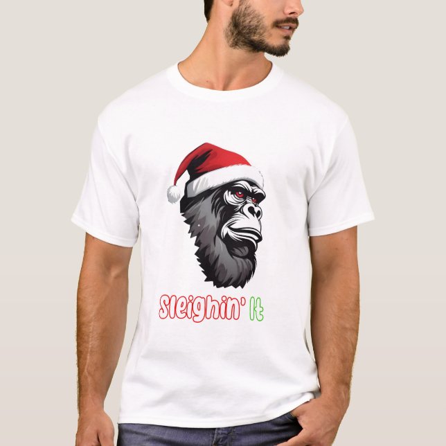 Christmas Giant Monster Gorilla Xmas Santa Hat T-Shirt (Front)