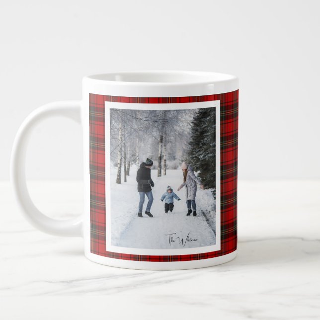 Christmas Gift 2 Photo Trendy Red Plaid Rustic  Large Coffee Mug (Left)