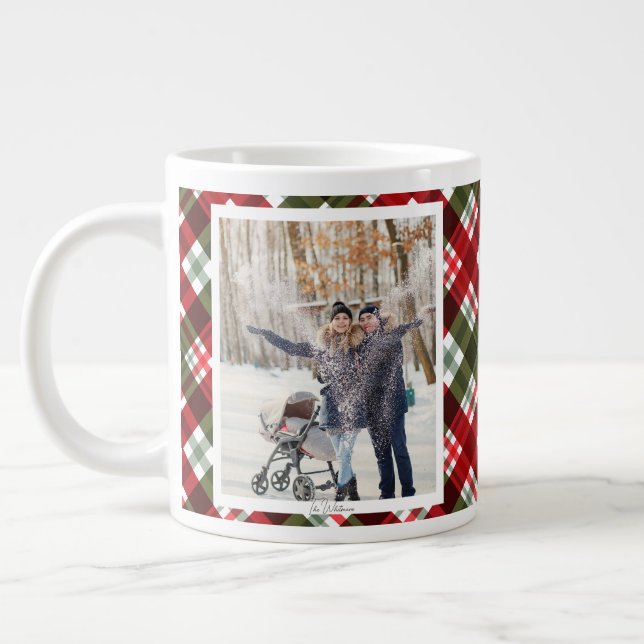 Christmas Gift 2 Photo Trendy Red Plaid Rustic Large Coffee Mug (Left)
