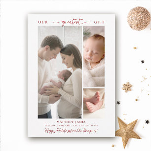 Christmas Gift Above Elegant Simple Baby 3 Photo Holiday Card