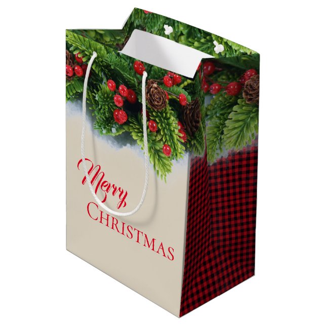 Christmas Gift Bag-Evergreen Merry Christmas Plaid Medium Gift Bag (Back Angled)