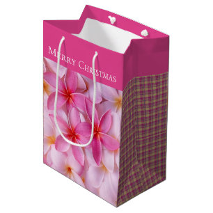 Christmas Gift Bag-Merry Christmas Plumeria Plaid Medium Gift Bag