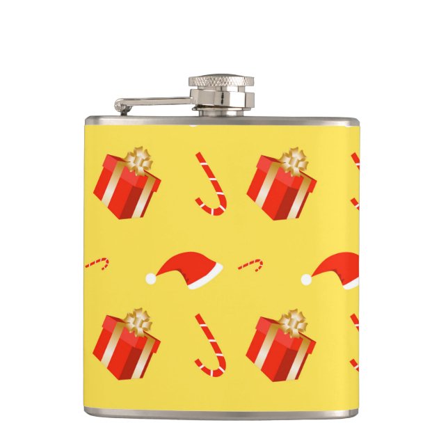 Christmas gift box Santa hat candy cane Hip Flask (Front)
