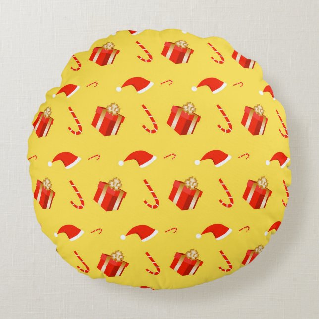 Christmas gift box Santa hat candy cane Round Cushion (Front)