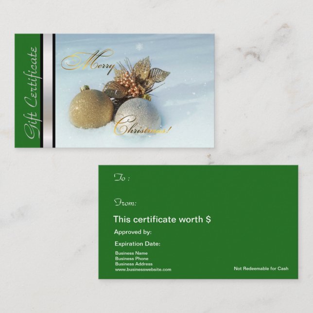 Christmas Gift Card Certificate Green Silver (Front/Back)