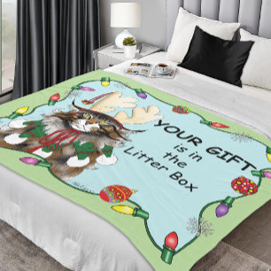 Christmas Gift Cat Green Funny Fleece Blanket
