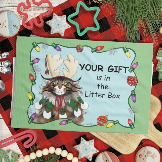 Christmas Gift Cat Green Funny Tea Towel (Creator Uploaded)