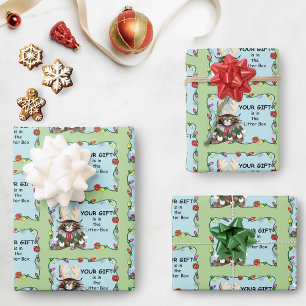 Christmas Gift Cat Green Funny Wrapping Paper Sheet