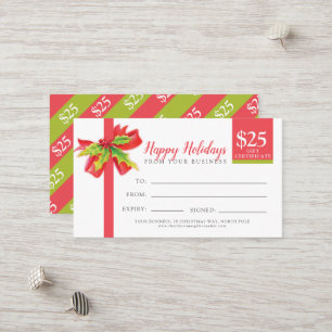 Christmas gift certificate red green ribbon $25