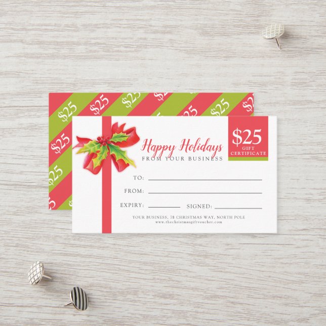 Christmas gift certificate red green ribbon $25 (Front/Back In Situ)