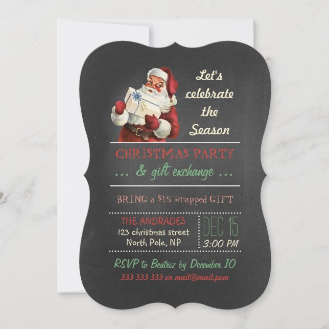 Christmas Gift Exchange Vintage Santa Chalkboard Invitation (Front)