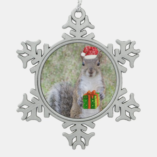 Christmas gift from squirrel snowflake pewter christmas ornament (Front)