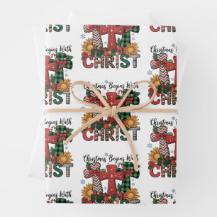Christmas Gift Merry Xmas Plaid Religious Cross  Wrapping Paper Sheet