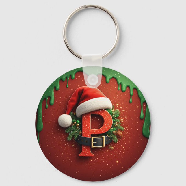 Christmas gift Monogram P with Santa Hat  Key Ring (Front)