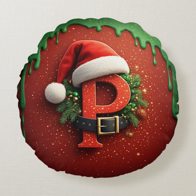 Christmas gift Monogram P with Santa Hat  Round Cushion (Front)
