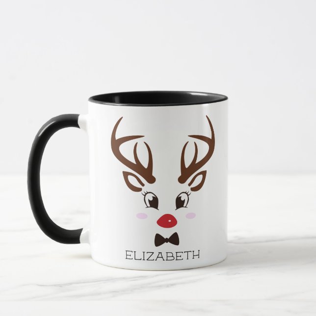 Christmas Gift Personalised Reindeer Face Black Mug (Left)