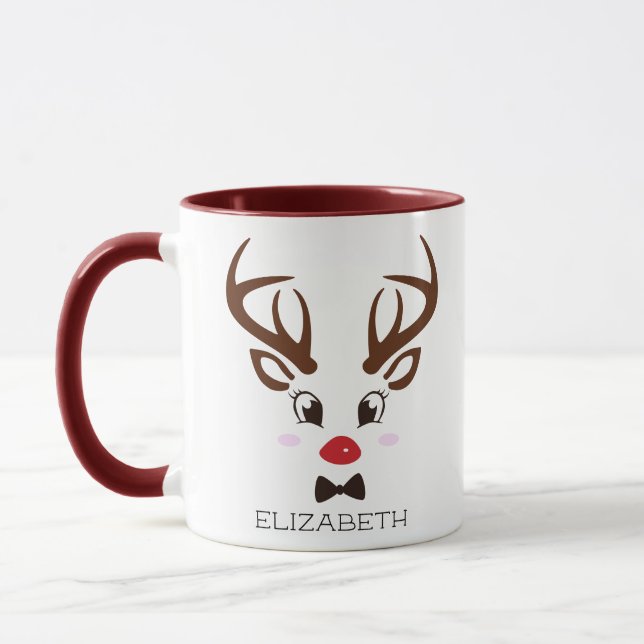 Christmas Gift Personalised Reindeer Face Maroon Mug (Left)