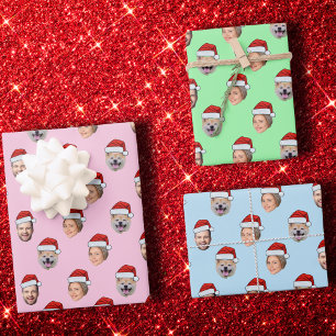 Christmas Gift Personalized Santa Hat Face 3 Photo Wrapping Paper Sheet