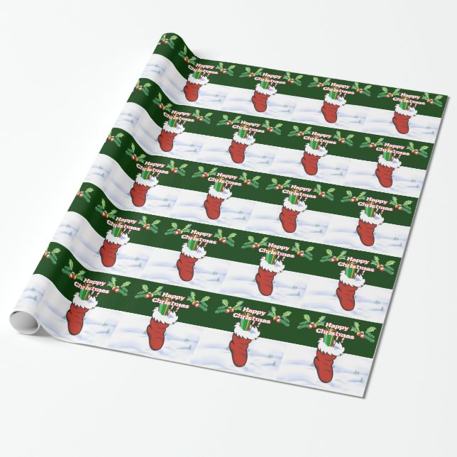 Christmas Gift sock, holly sprigs and snowscene Wrapping Paper (Unrolled)