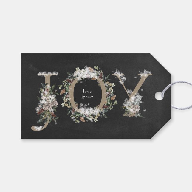 Christmas Gift Tag chalkboard Floral Alphabet JOY (Front (Horizontal))