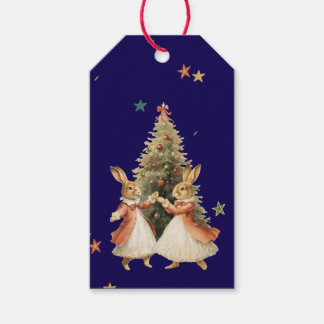 CHRISTMAS GIFT TAG DANCING BUNNIES WITH TREE