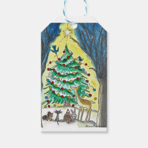 Christmas Gift Tag, Watercolor Animals Tree Art Tags